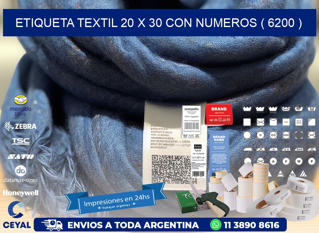 ETIQUETA TEXTIL 20 X 30 CON NUMEROS ( 6200 )