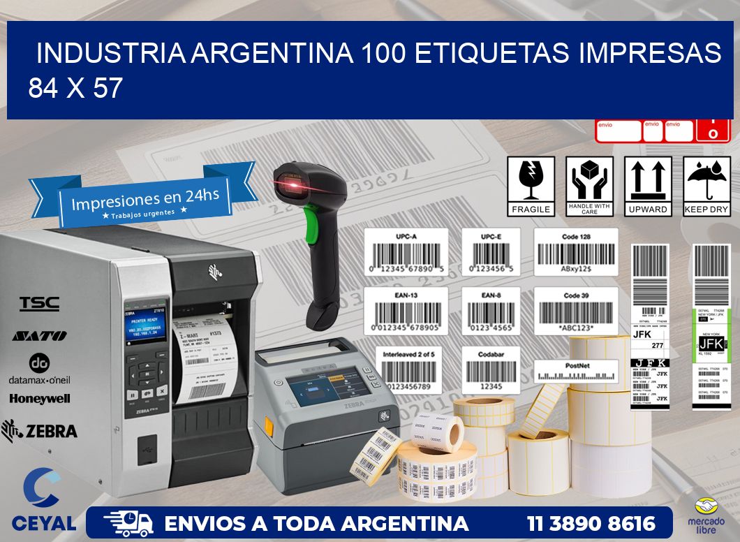 INDUSTRIA ARGENTINA 100 ETIQUETAS IMPRESAS  84 x 57