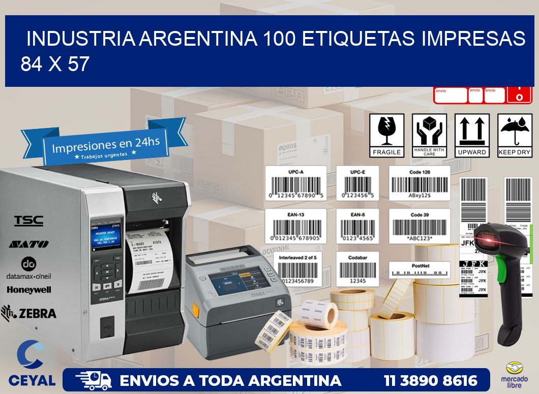 INDUSTRIA ARGENTINA 100 ETIQUETAS IMPRESAS  84 x 57