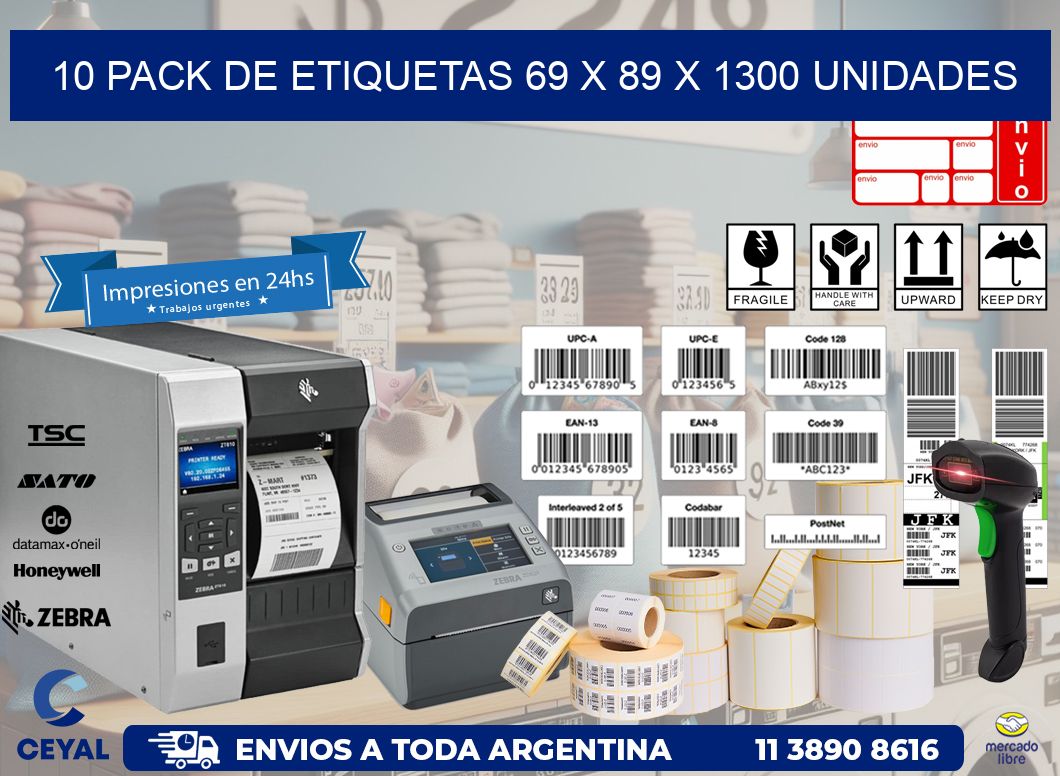 10 PACK DE ETIQUETAS 69 x 89 X 1300 UNIDADES