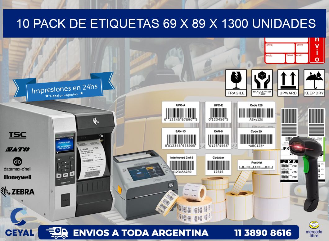 10 PACK DE ETIQUETAS 69 x 89 X 1300 UNIDADES