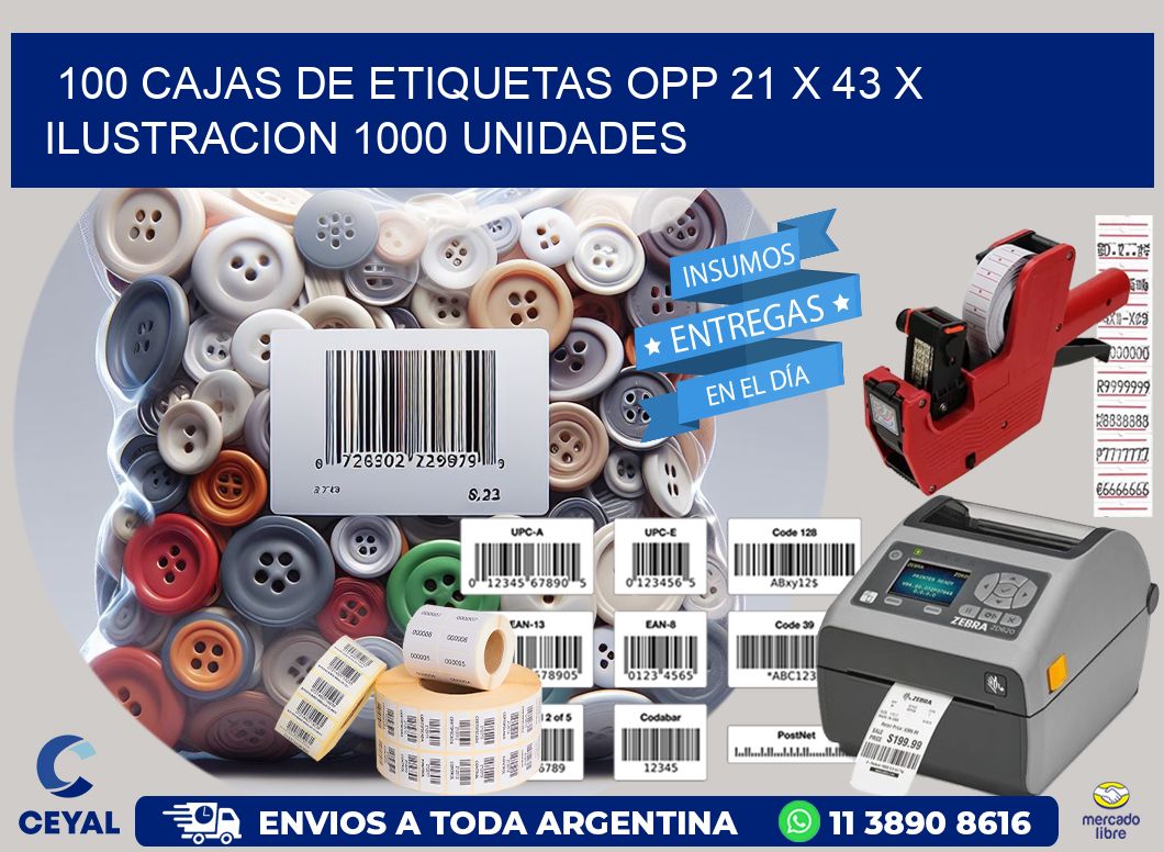 100 CAJAS DE ETIQUETAS OPP 21 x 43 X ILUSTRACION 1000 UNIDADES