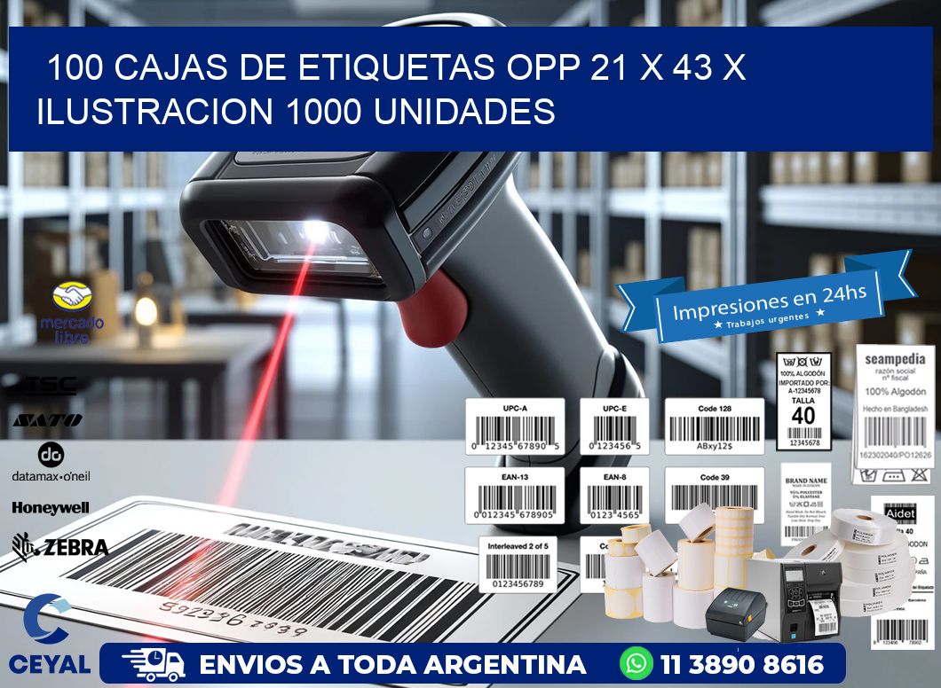 100 CAJAS DE ETIQUETAS OPP 21 x 43 X ILUSTRACION 1000 UNIDADES