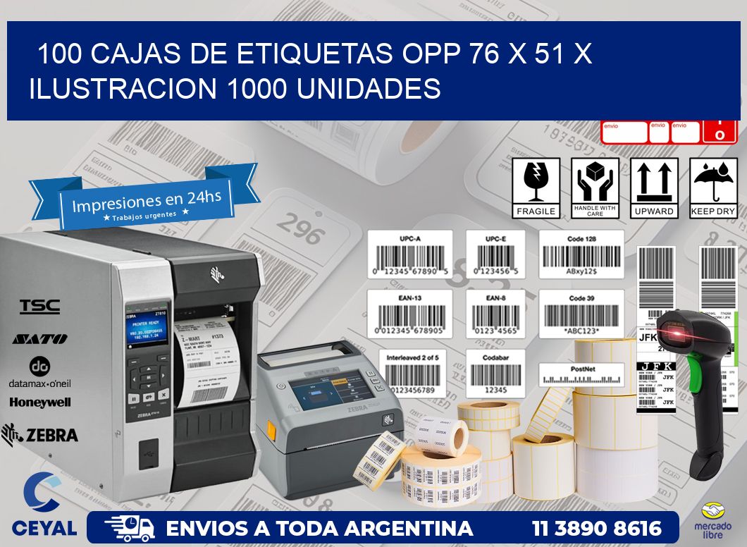 100 CAJAS DE ETIQUETAS OPP 76 x 51 X ILUSTRACION 1000 UNIDADES