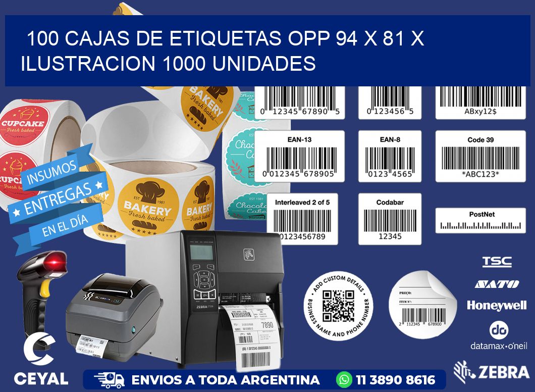 100 CAJAS DE ETIQUETAS OPP 94 x 81 X ILUSTRACION 1000 UNIDADES