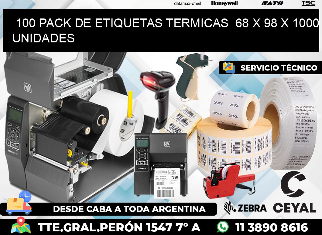 100 PACK DE ETIQUETAS TERMICAS  68 x 98 X 1000 UNIDADES