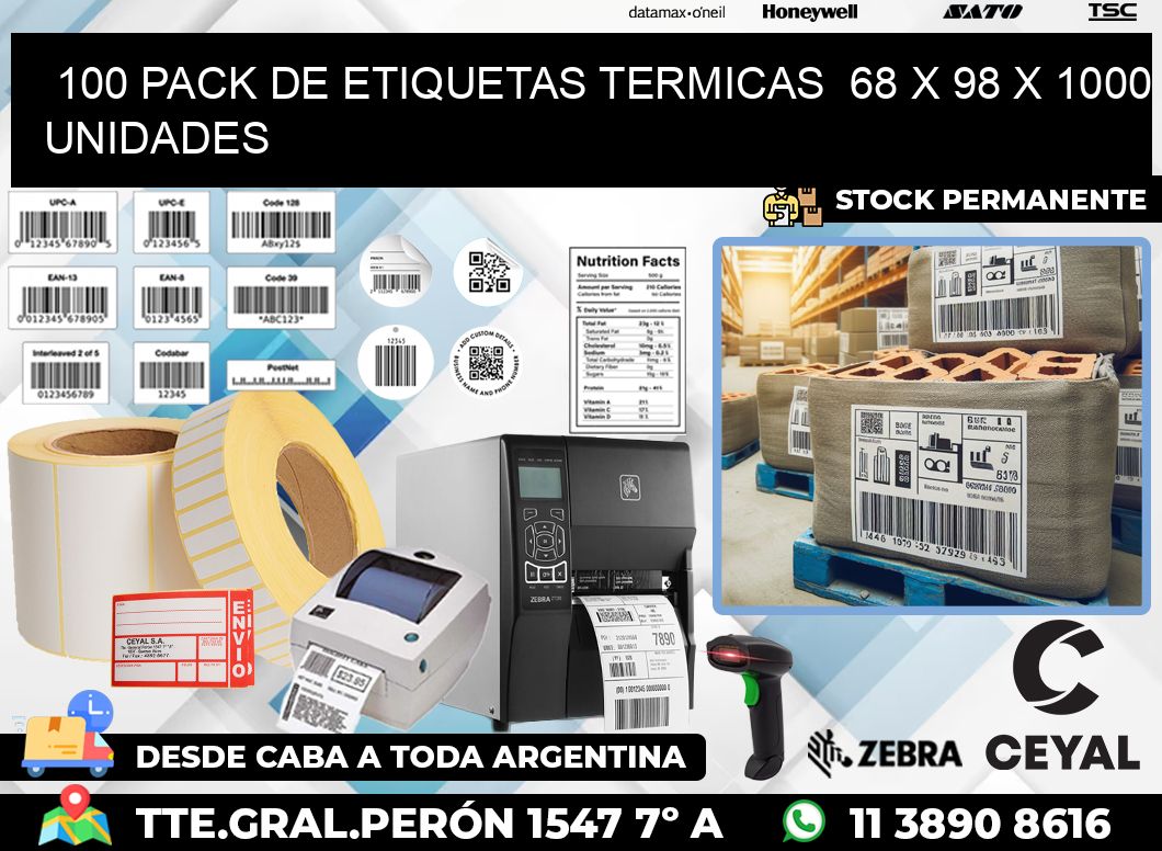 100 PACK DE ETIQUETAS TERMICAS  68 x 98 X 1000 UNIDADES