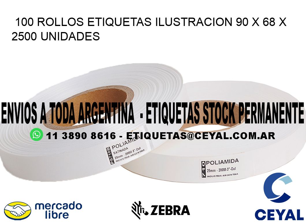 100 ROLLOS ETIQUETAS ILUSTRACION 90 x 68 X 2500 UNIDADES