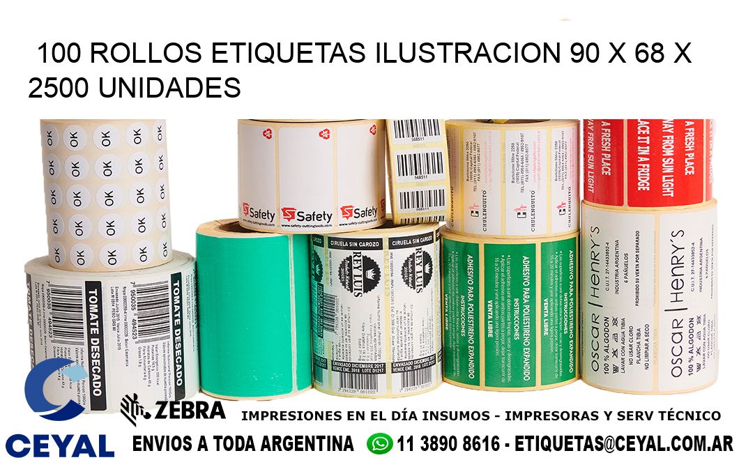 100 ROLLOS ETIQUETAS ILUSTRACION 90 x 68 X 2500 UNIDADES