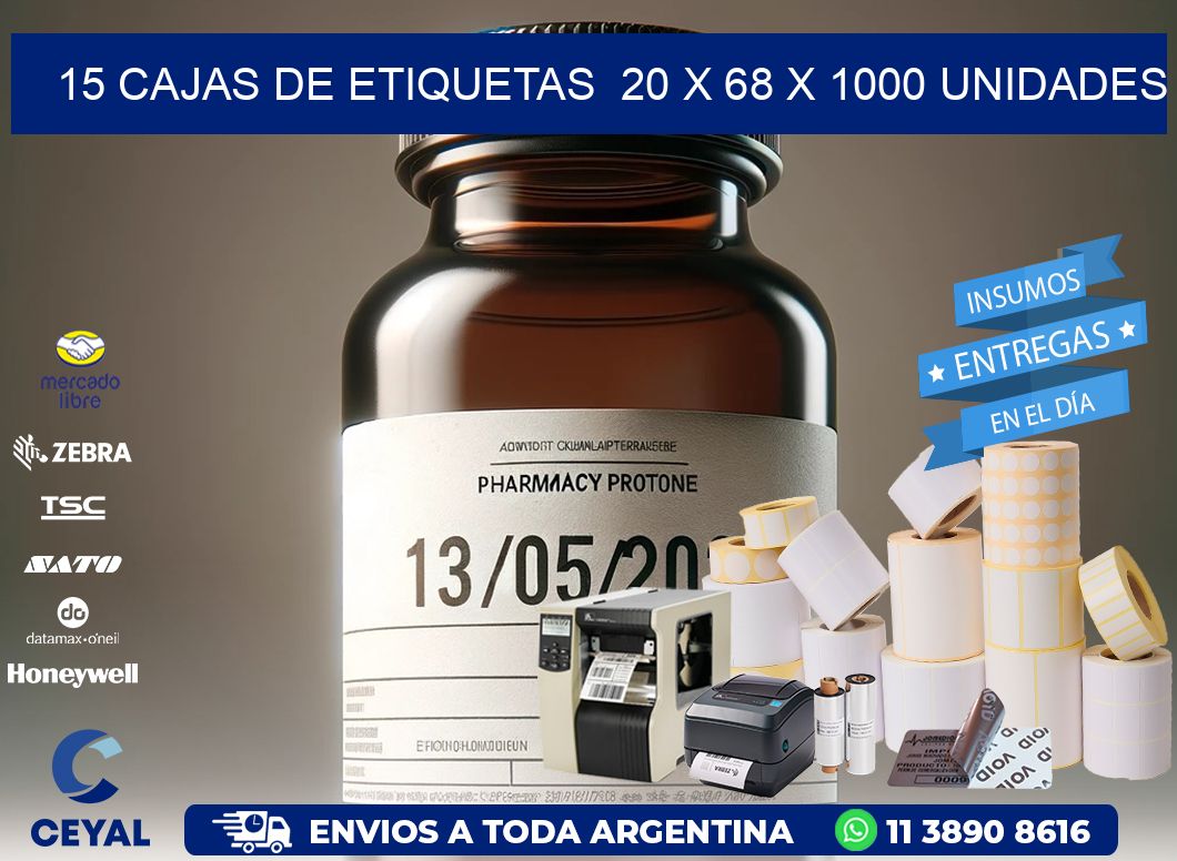 15 CAJAS DE ETIQUETAS  20 x 68 X 1000 UNIDADES