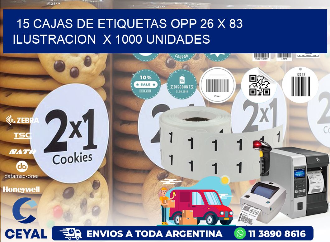 15 CAJAS DE ETIQUETAS OPP 26 x 83 ILUSTRACION  X 1000 UNIDADES