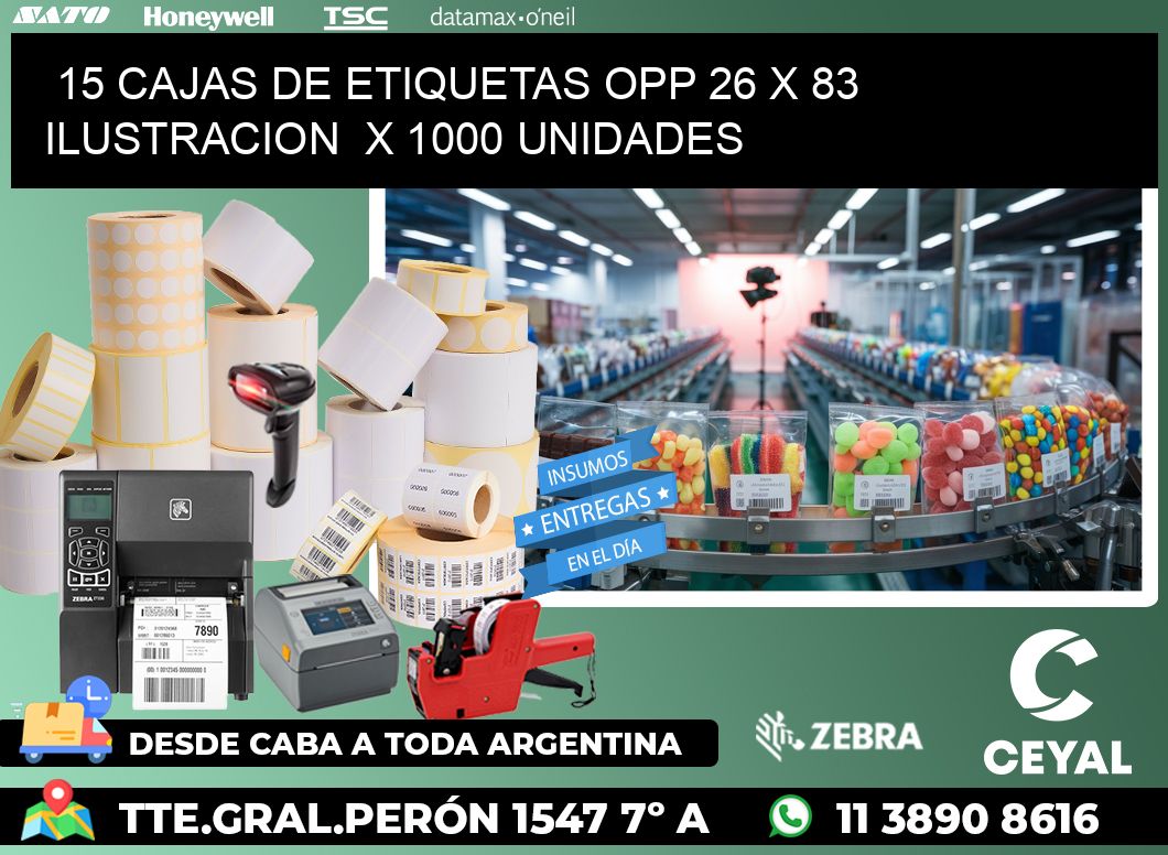 15 CAJAS DE ETIQUETAS OPP 26 x 83 ILUSTRACION  X 1000 UNIDADES