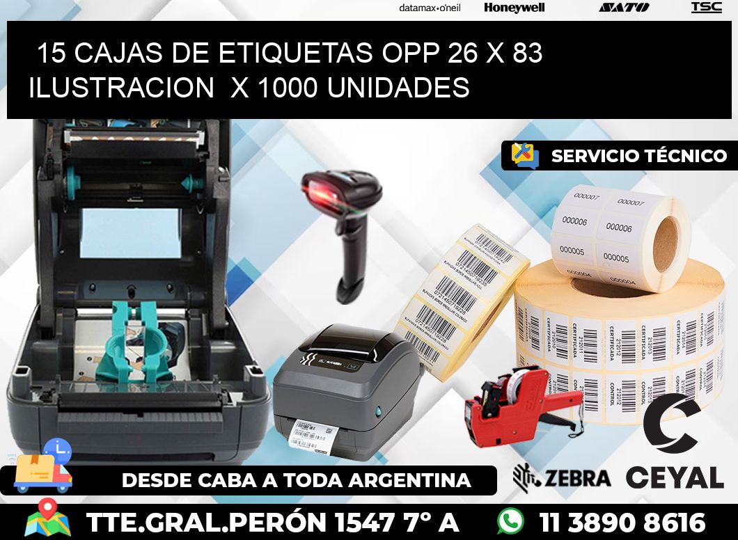 15 CAJAS DE ETIQUETAS OPP 26 x 83 ILUSTRACION  X 1000 UNIDADES