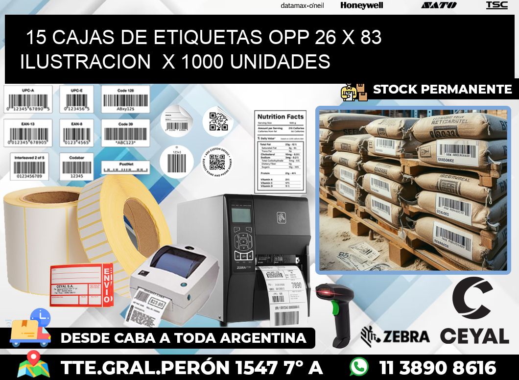 15 CAJAS DE ETIQUETAS OPP 26 x 83 ILUSTRACION  X 1000 UNIDADES