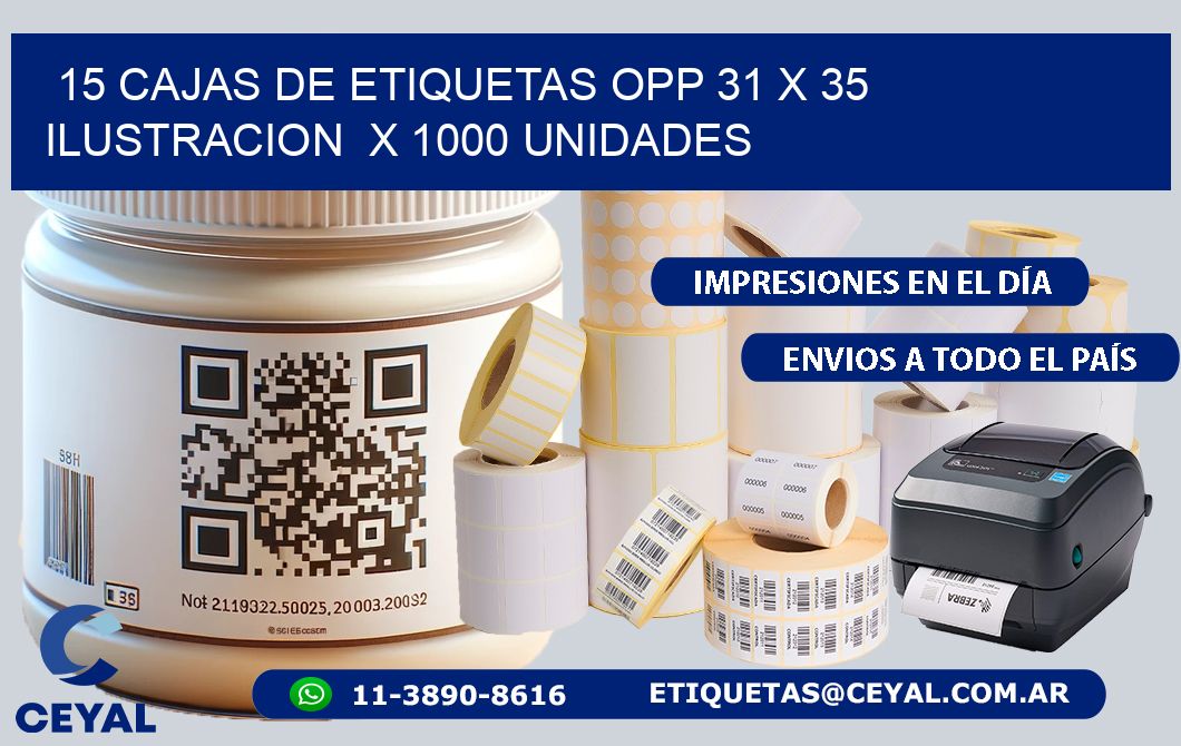 15 CAJAS DE ETIQUETAS OPP 31 x 35 ILUSTRACION  X 1000 UNIDADES