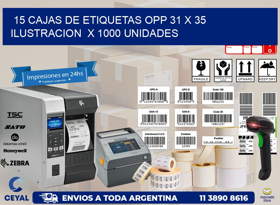 15 CAJAS DE ETIQUETAS OPP 31 x 35 ILUSTRACION  X 1000 UNIDADES