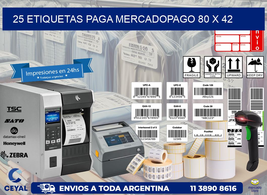 25 ETIQUETAS PAGA MERCADOPAGO 80 x 42