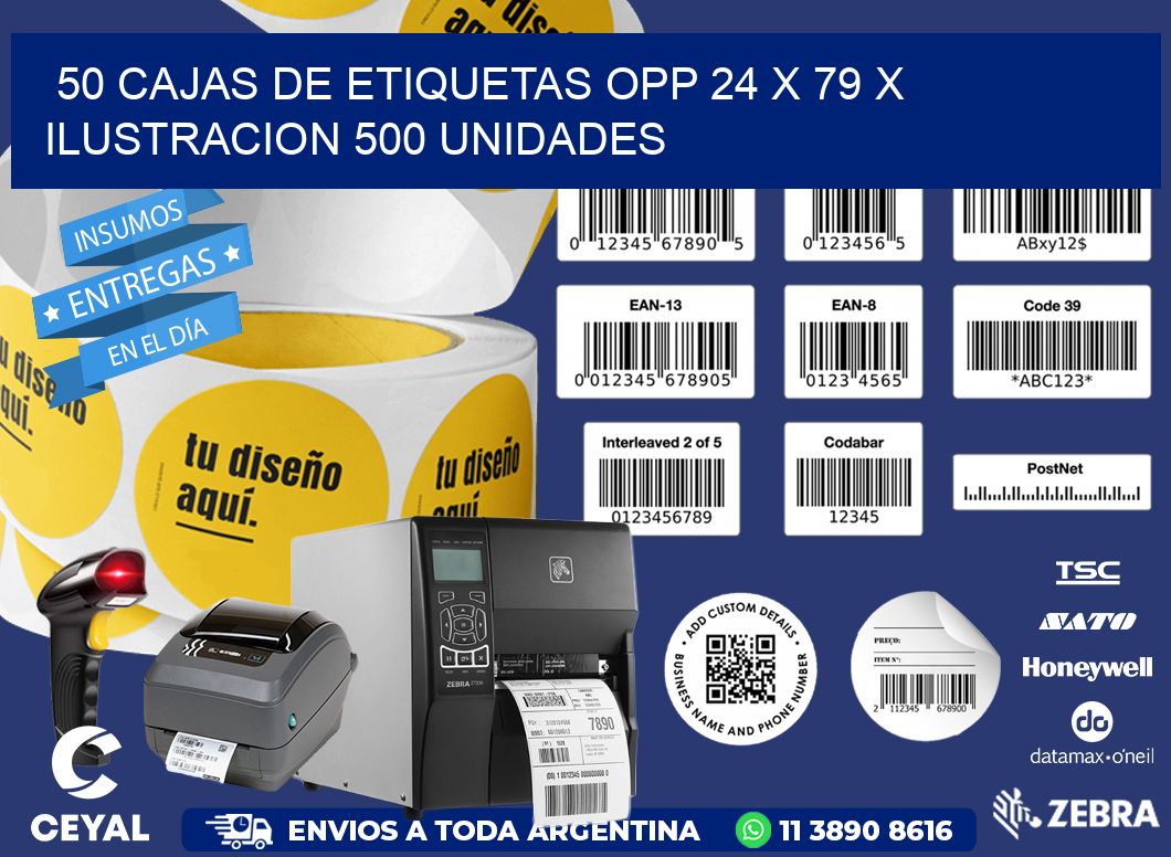 50 CAJAS DE ETIQUETAS OPP 24 x 79 X ILUSTRACION 500 UNIDADES