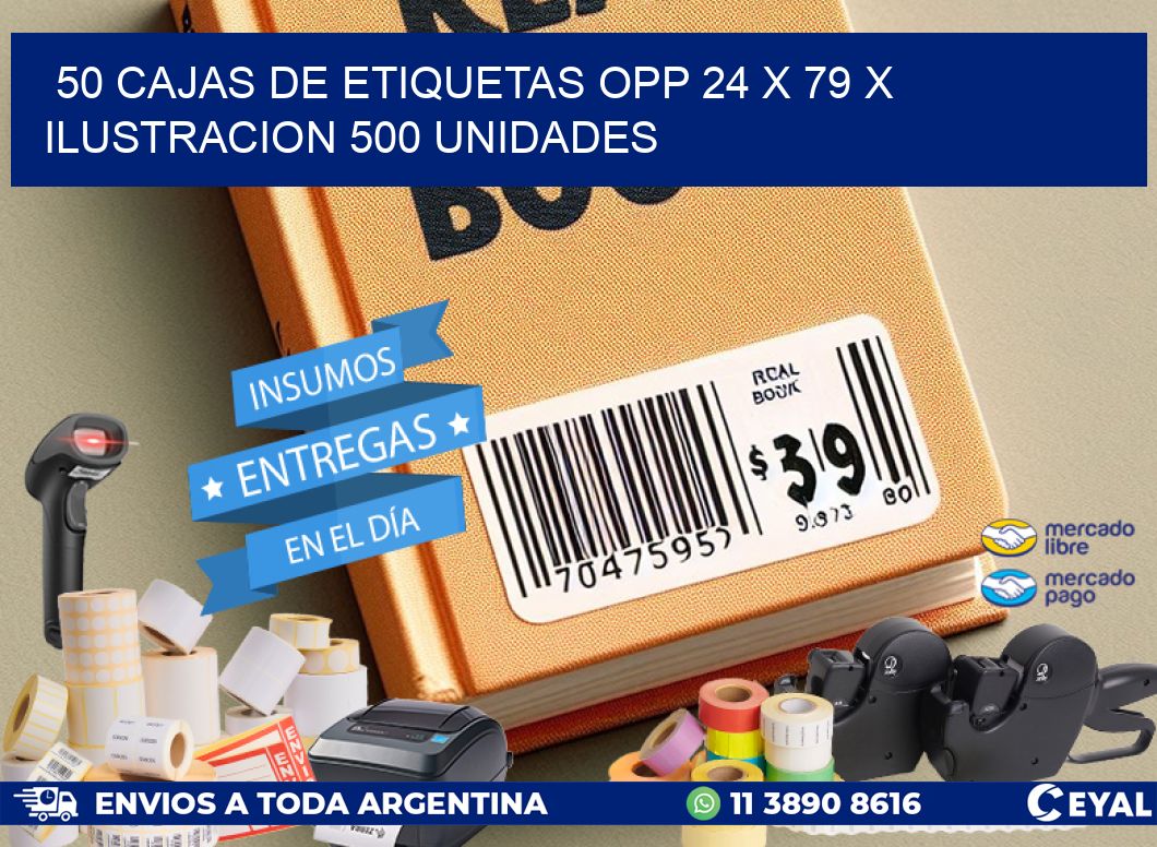 50 CAJAS DE ETIQUETAS OPP 24 x 79 X ILUSTRACION 500 UNIDADES