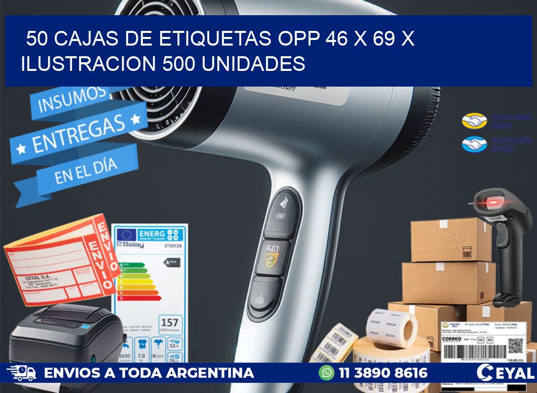 50 CAJAS DE ETIQUETAS OPP 46 x 69 X ILUSTRACION 500 UNIDADES