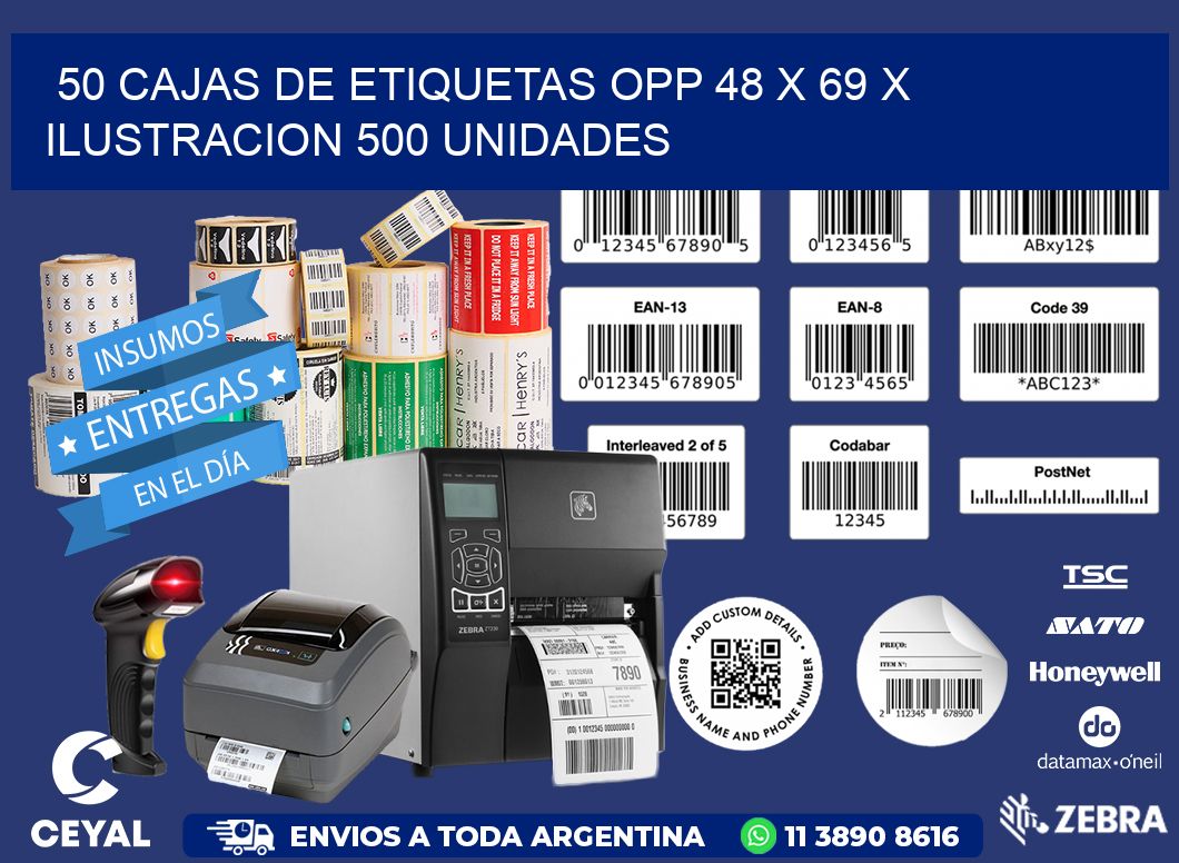 50 CAJAS DE ETIQUETAS OPP 48 x 69 X ILUSTRACION 500 UNIDADES