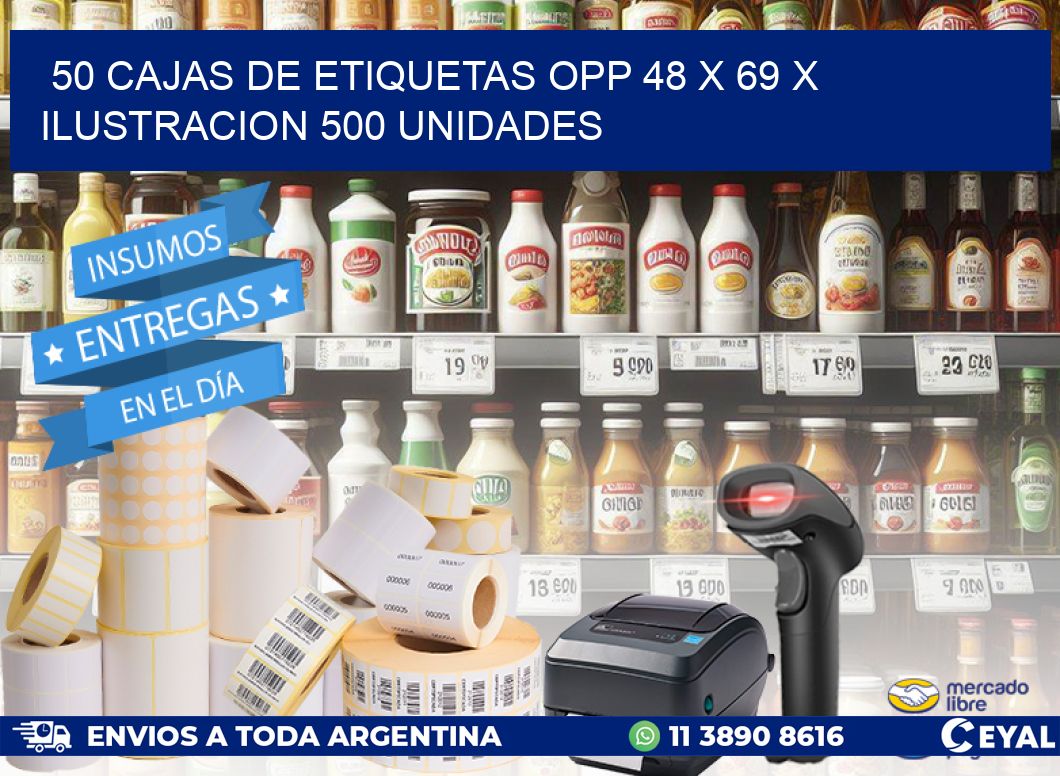 50 CAJAS DE ETIQUETAS OPP 48 x 69 X ILUSTRACION 500 UNIDADES