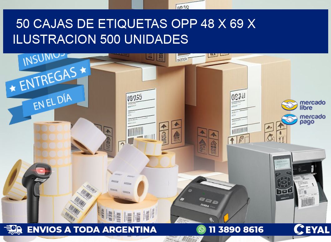 50 CAJAS DE ETIQUETAS OPP 48 x 69 X ILUSTRACION 500 UNIDADES