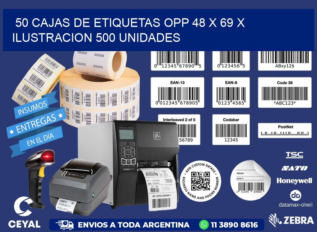 50 CAJAS DE ETIQUETAS OPP 48 x 69 X ILUSTRACION 500 UNIDADES