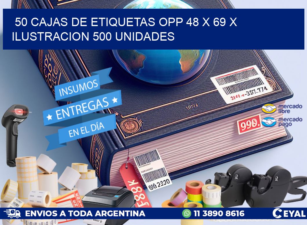 50 CAJAS DE ETIQUETAS OPP 48 x 69 X ILUSTRACION 500 UNIDADES