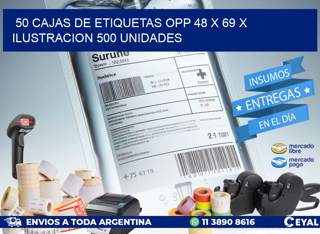 50 CAJAS DE ETIQUETAS OPP 48 x 69 X ILUSTRACION 500 UNIDADES