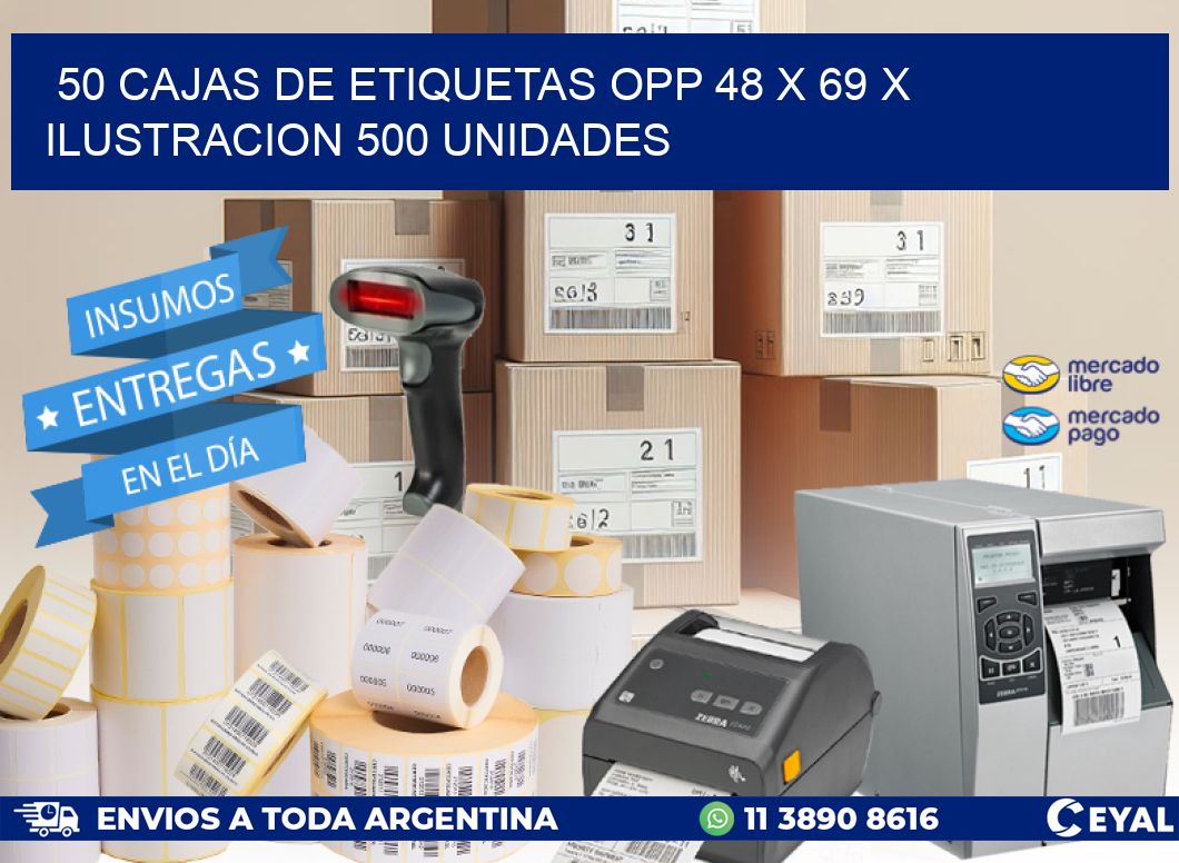 50 CAJAS DE ETIQUETAS OPP 48 x 69 X ILUSTRACION 500 UNIDADES