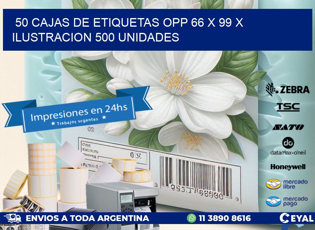 50 CAJAS DE ETIQUETAS OPP 66 x 99 X ILUSTRACION 500 UNIDADES