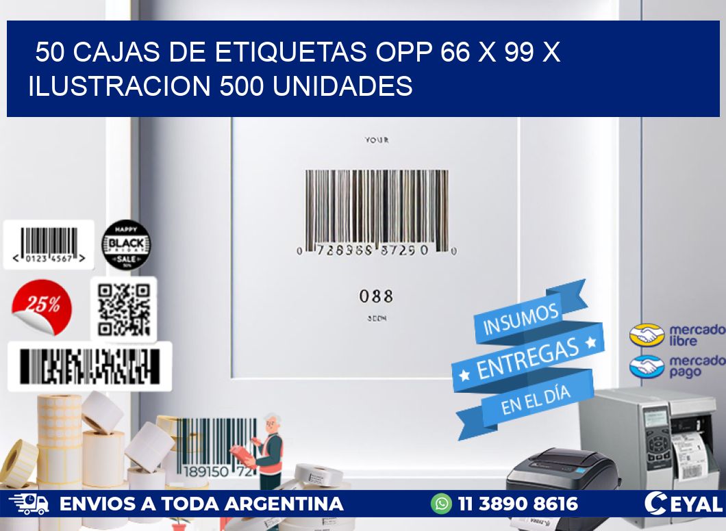 50 CAJAS DE ETIQUETAS OPP 66 x 99 X ILUSTRACION 500 UNIDADES