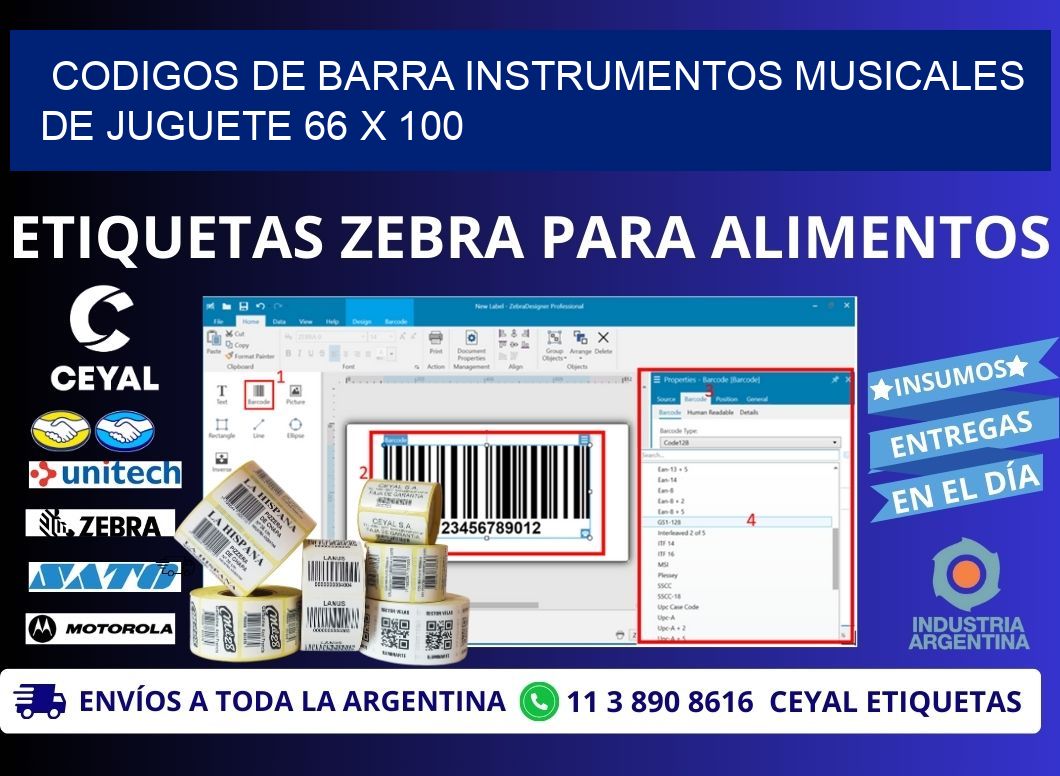 CODIGOS DE BARRA INSTRUMENTOS MUSICALES DE JUGUETE 66 x 100