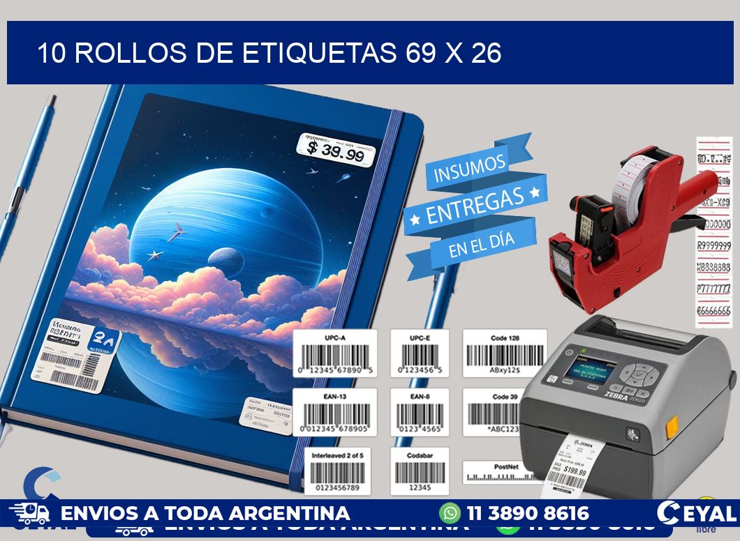 10 ROLLOS DE ETIQUETAS 69 x 26