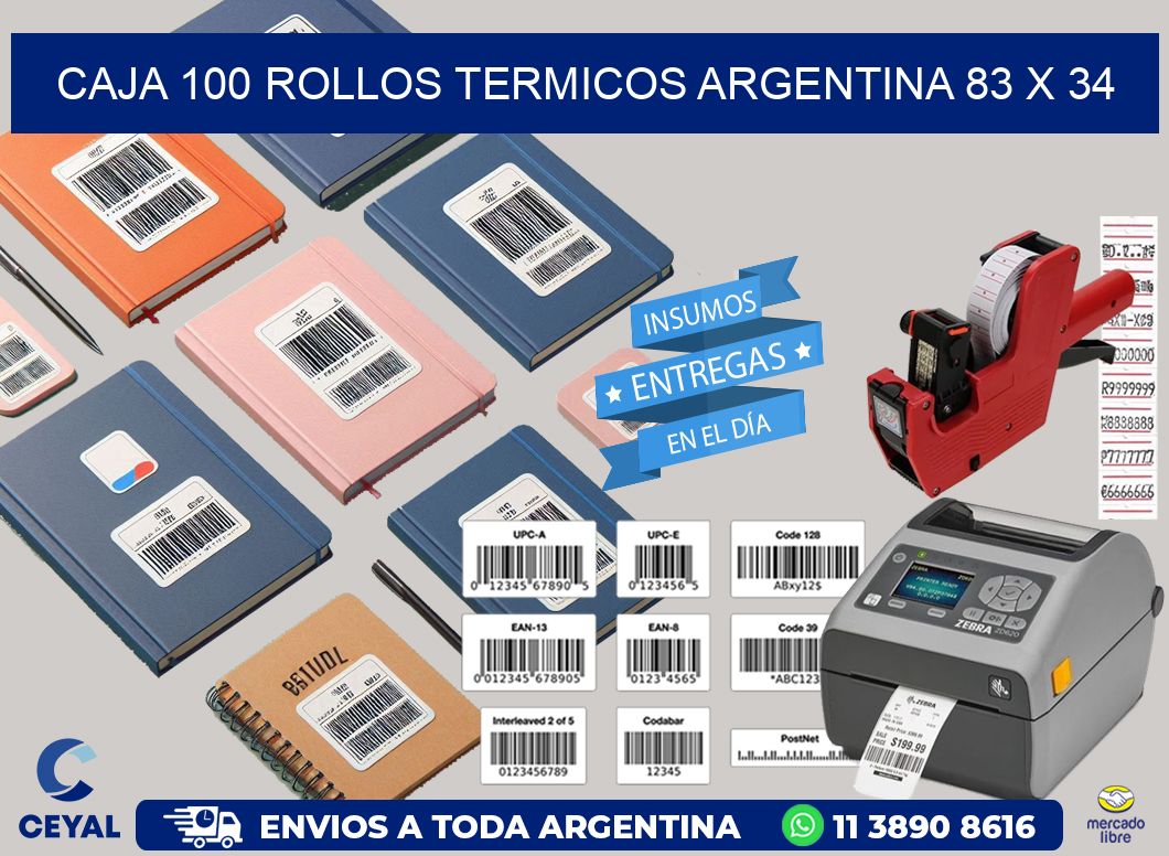 CAJA 100 ROLLOS TERMICOS ARGENTINA 83 x 34