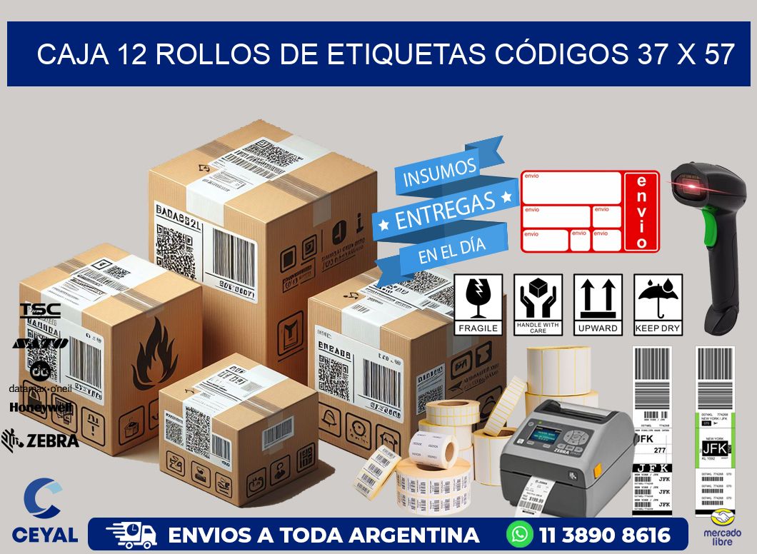 CAJA 12 ROLLOS DE ETIQUETAS CÓDIGOS 37 x 57