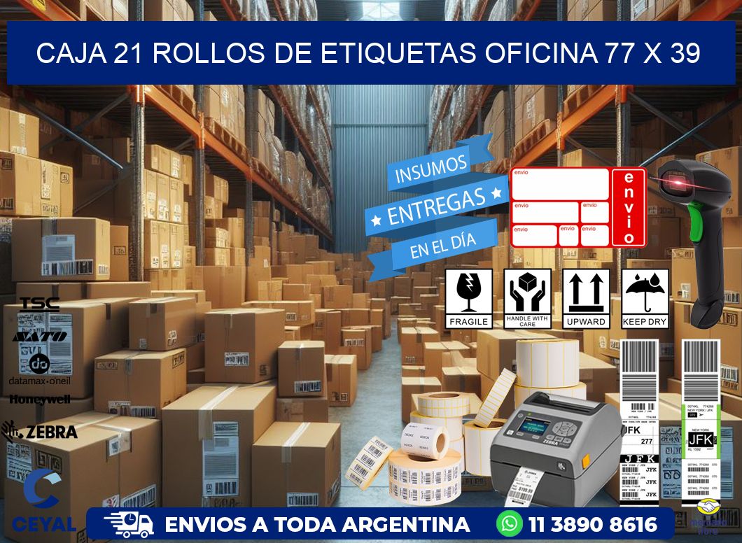 CAJA 21 ROLLOS DE ETIQUETAS OFICINA 77 x 39