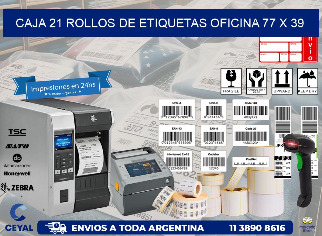 CAJA 21 ROLLOS DE ETIQUETAS OFICINA 77 x 39