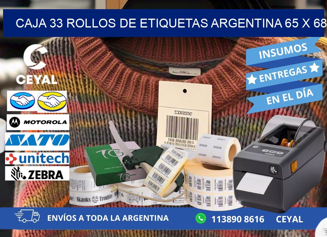 CAJA 33 ROLLOS DE ETIQUETAS ARGENTINA 65 x 68
