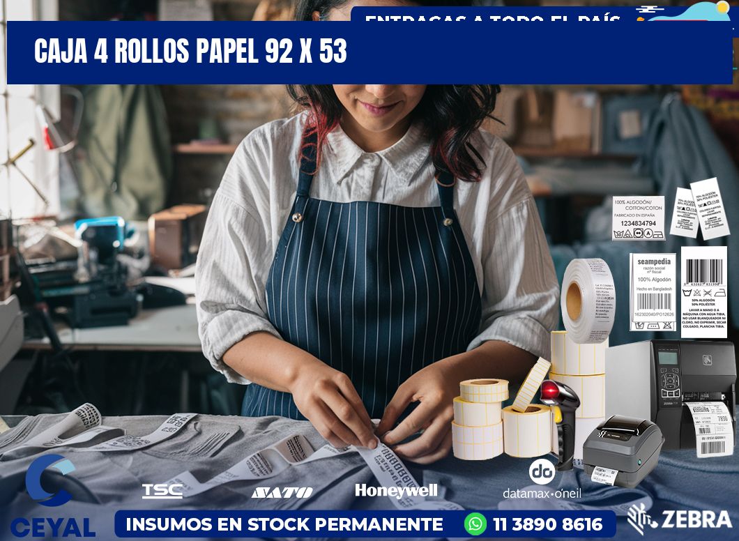 CAJA 4 ROLLOS PAPEL 92 x 53