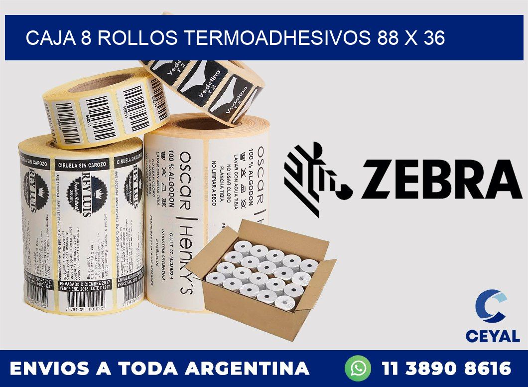 CAJA 8 ROLLOS TERMOADHESIVOS 88 x 36
