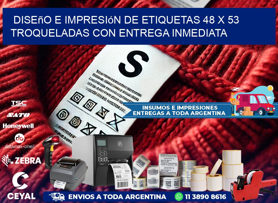 Diseño e impresión de etiquetas 48 x 53 troqueladas con entrega inmediata