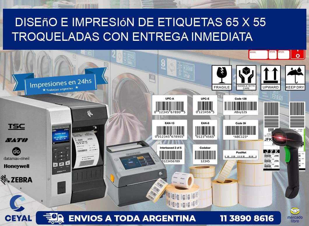 Diseño e impresión de etiquetas 65 x 55 troqueladas con entrega inmediata
