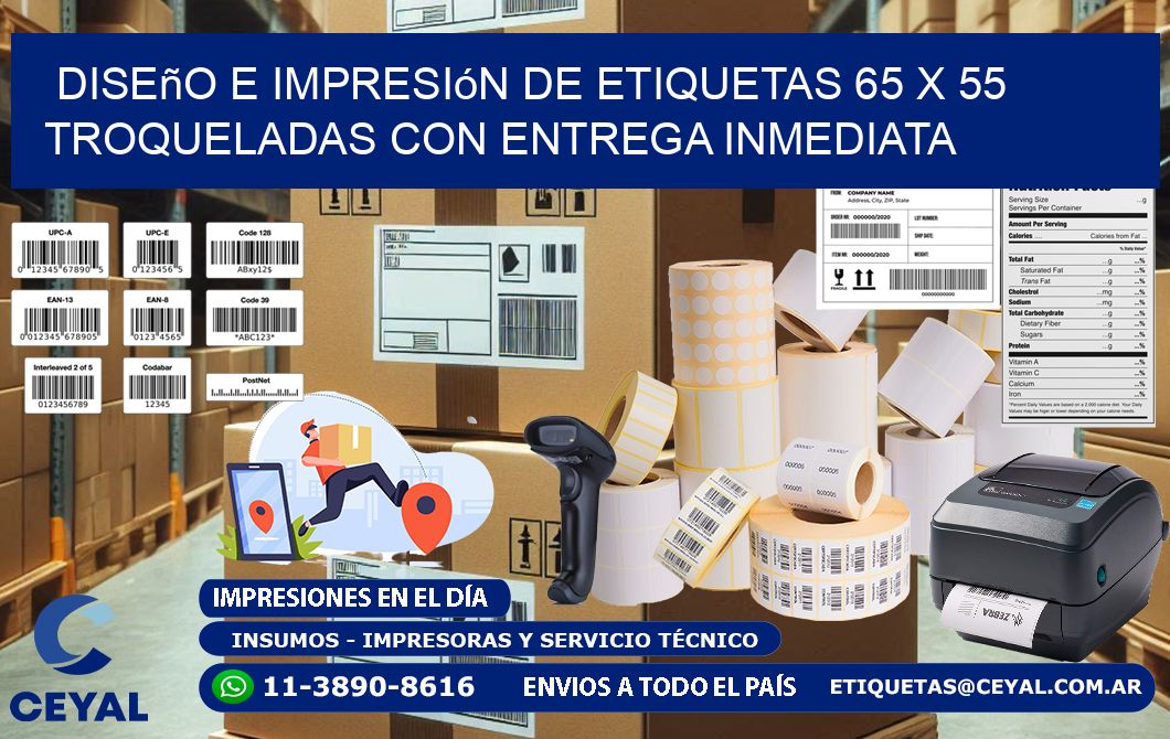 Diseño e impresión de etiquetas 65 x 55 troqueladas con entrega inmediata