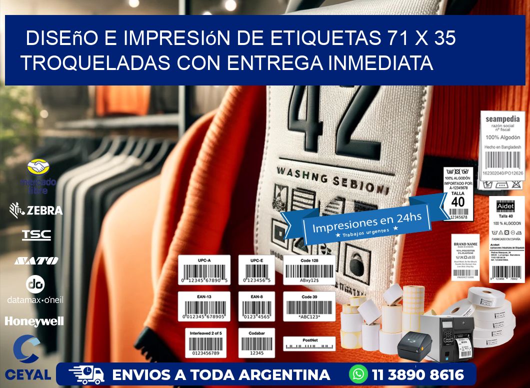 Diseño e impresión de etiquetas 71 x 35 troqueladas con entrega inmediata
