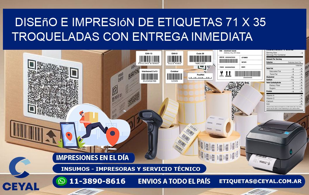 Diseño e impresión de etiquetas 71 x 35 troqueladas con entrega inmediata