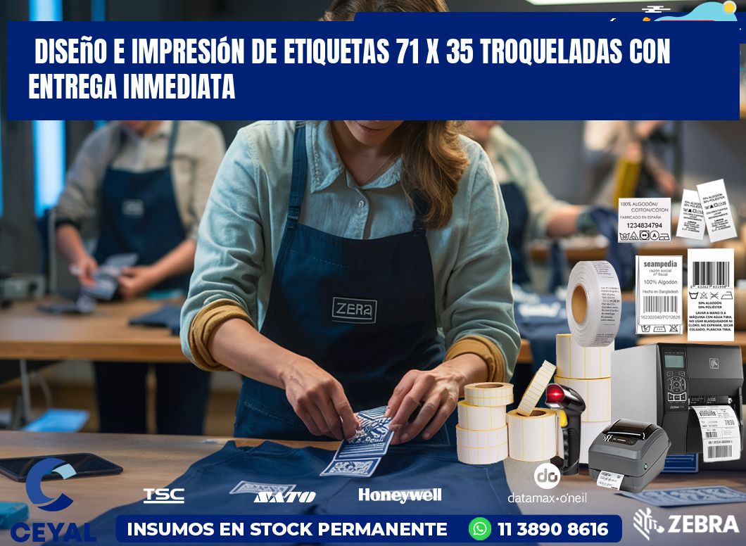 Diseño e impresión de etiquetas 71 x 35 troqueladas con entrega inmediata
