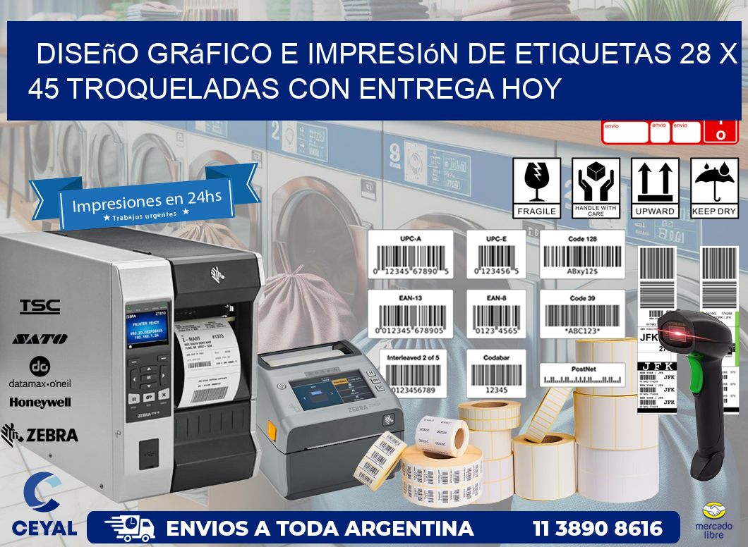 Diseño gráfico e impresión de etiquetas 28 x 45 troqueladas con entrega hoy