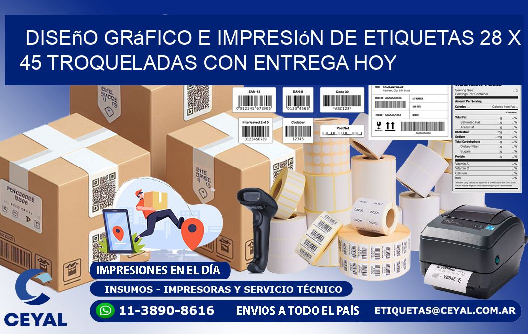 Diseño gráfico e impresión de etiquetas 28 x 45 troqueladas con entrega hoy